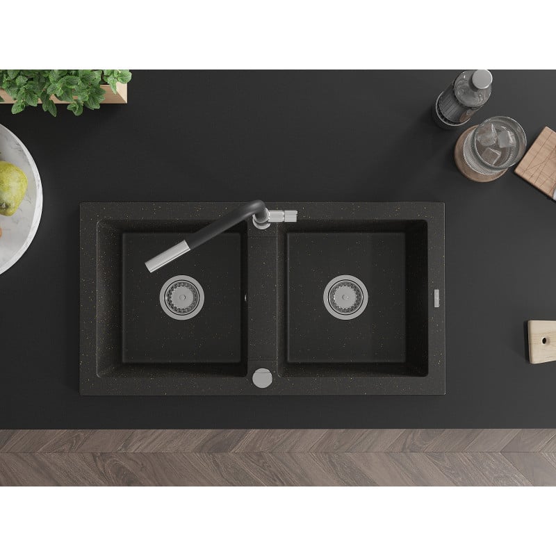 Mexen Mario Granitspüle 2-Becken mit Küchenarmatur Flora, schwarz/gold metallic - 6504-75-670401-07