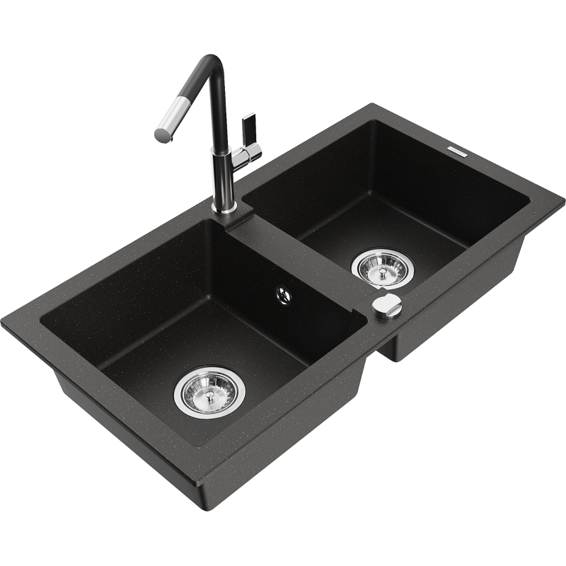 Mexen Mario Granitspüle 2-Becken mit Küchenarmatur Flora, schwarz/gold metallic - 6504-75-670401-07