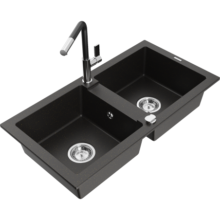 Mexen Mario Granitspüle 2-Becken mit Küchenarmatur Flora, schwarz/gold metallic - 6504-75-670401-07