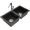 Mexen Mario Granitspüle 2-Becken mit Küchenarmatur Flora, schwarz/gold metallic - 6504-75-670401-07