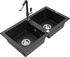 Mexen Mario Granitspüle 2-Becken mit Küchenarmatur Flora, schwarz/gold metallic - 6504-75-670401-07
