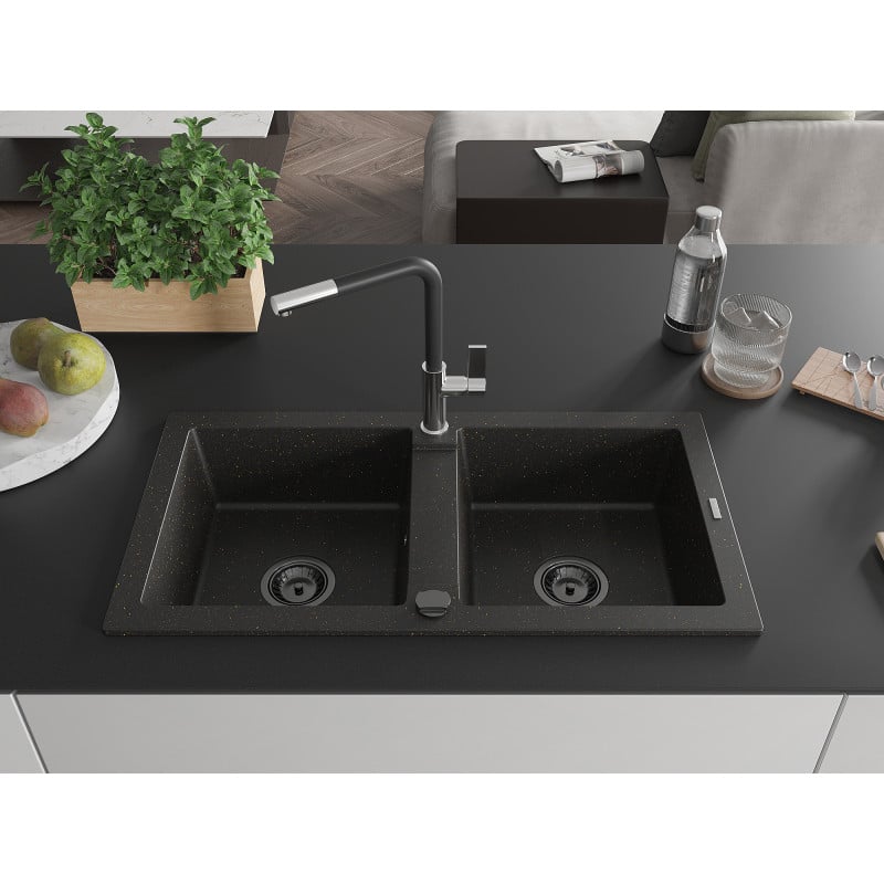 Mexen Mario Granitspüle 2-Kammer mit Küchenarmatur Flora, schwarz/gold metallic - 6504-75-670401-07-B