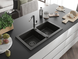 Mexen Mario Granitspüle 2-Kammer mit Küchenarmatur Flora, schwarz/gold metallic - 6504-75-670401-07-B