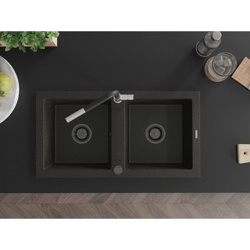 Mexen Mario Granitspüle 2-Kammer mit Küchenarmatur Flora, schwarz/gold metallic - 6504-75-670401-07-B