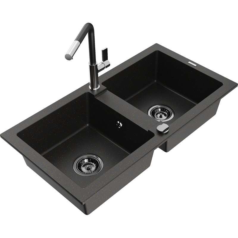 Mexen Mario Granitspüle 2-Kammer mit Küchenarmatur Flora, schwarz/gold metallic - 6504-75-670401-07-B