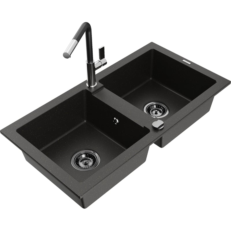 Mexen Mario Granitspüle mit 2 Becken und Küchenarmatur Flora, schwarz/gold metallic - 6504-75-670401-07-B