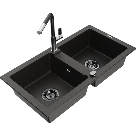 Mexen Mario Granitspüle 2-Kammer mit Küchenarmatur Flora, schwarz/gold metallic - 6504-75-670401-07-B