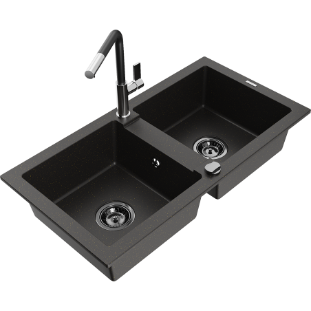 Mexen Mario Granitspüle mit 2 Becken und Küchenarmatur Flora, schwarz/gold metallic - 6504-75-670401-07-B