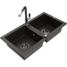 Mexen Mario Granitspüle 2-Kammer mit Küchenarmatur Flora, schwarz/gold metallic - 6504-75-670401-07-B