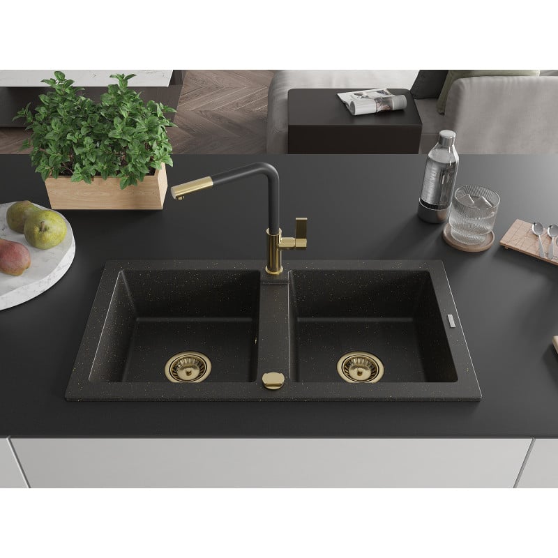 Mexen Mario Granitspüle 2-Kammer mit Küchenarmatur Flora, schwarz/gold metallic - 6504-75-670401-57-G