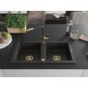 Mexen Mario Granitspüle 2-Kammern mit Küchenarmatur Flora, schwarz/goldener Metallic - 6504-75-670401-57-G