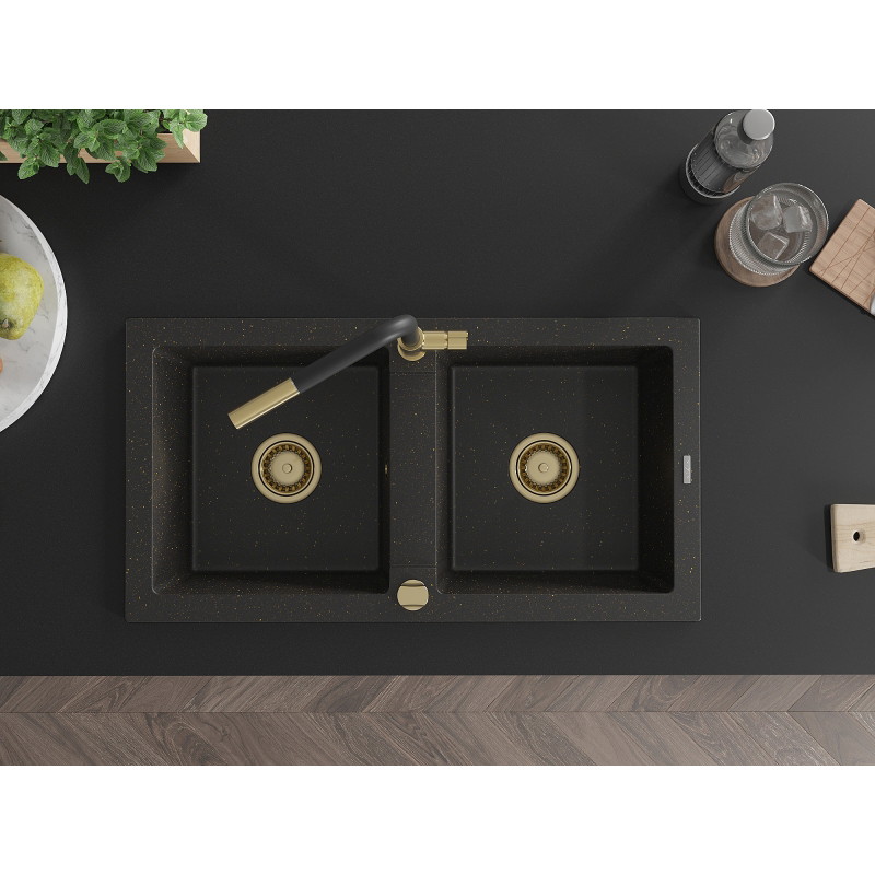 Mexen Mario granitspüle mit 2 Becken und Küchenarmatur Flora, schwarz/gold Metallik - 6504-75-670401-57-G