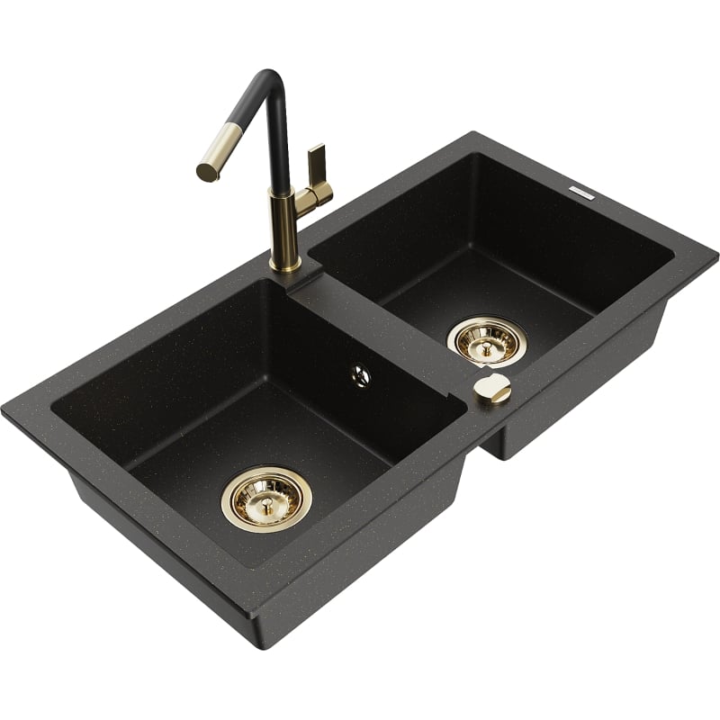 Mexen Mario Granitspüle 2-Kammern mit Küchenarmatur Flora, schwarz/goldener Metallic - 6504-75-670401-57-G