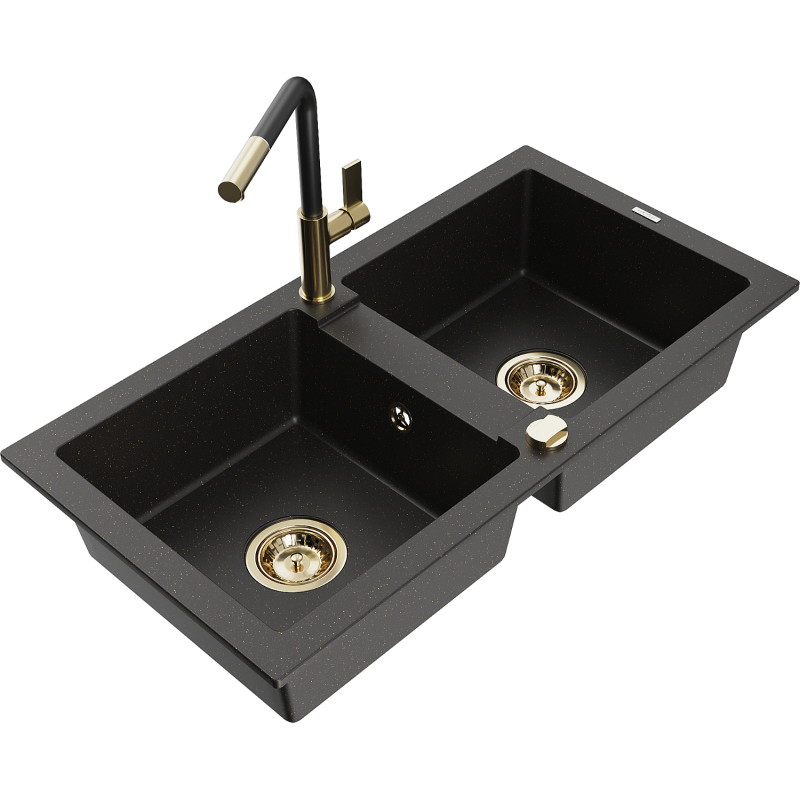 Mexen Mario granitspüle mit 2 Becken und Küchenarmatur Flora, schwarz/gold Metallik - 6504-75-670401-57-G