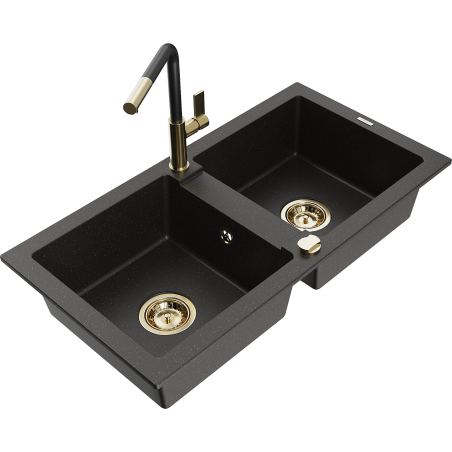 Mexen Mario Granitspüle 2-Kammer mit Küchenarmatur Flora, schwarz/gold metallic - 6504-75-670401-57-G