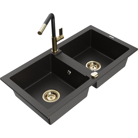 Mexen Mario granitspüle mit 2 Becken und Küchenarmatur Flora, schwarz/gold Metallik - 6504-75-670401-57-G