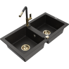 Mexen Mario granitspüle mit 2 Becken und Küchenarmatur Flora, schwarz/gold Metallik - 6504-75-670401-57-G