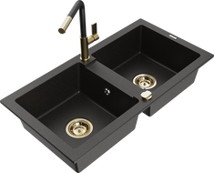 Mexen Mario Granitspüle 2-Kammer mit Küchenarmatur Flora, schwarz/gold metallic - 6504-75-670401-57-G