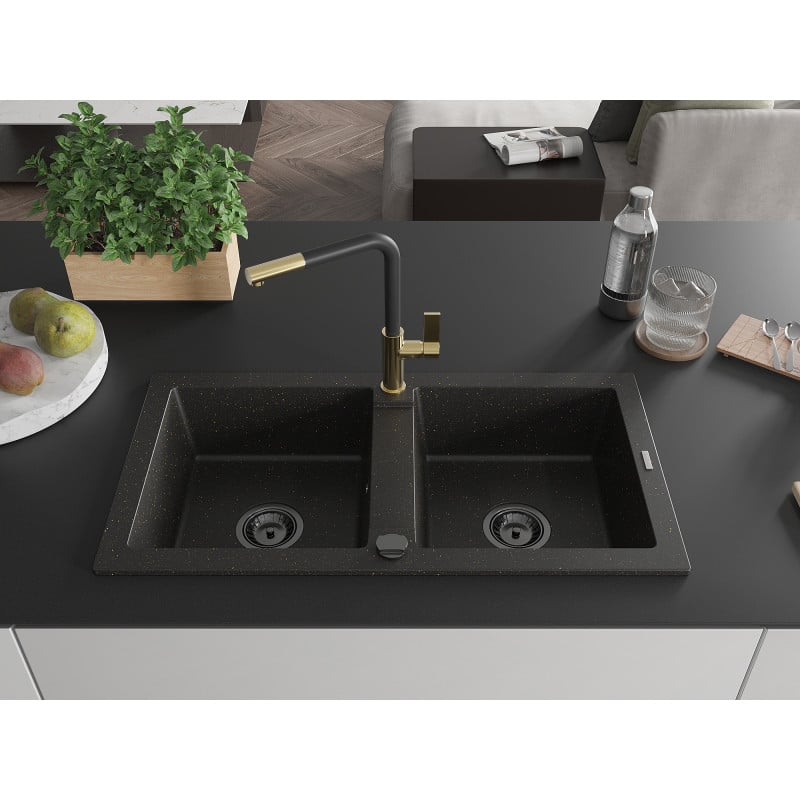 Mexen Mario Granitspüle 2-Kammern mit Küchenarmatur Flora, Schwarz/Gold Metallic - 6504-75-670401-57-B