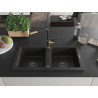 Mexen Mario Granitspüle 2-Kammer mit Küchenarmatur Flora, schwarz/gold metallic - 6504-75-670401-57-B