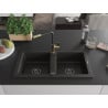 Mexen Mario Granitspüle 2-Kammern mit Küchenarmatur Flora, Schwarz/Gold Metallic - 6504-75-670401-57-B