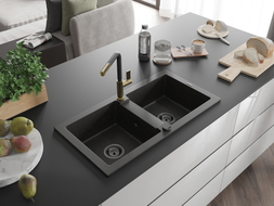 Mexen Mario Granitspüle 2-Kammern mit Küchenarmatur Flora, Schwarz/Gold Metallic - 6504-75-670401-57-B