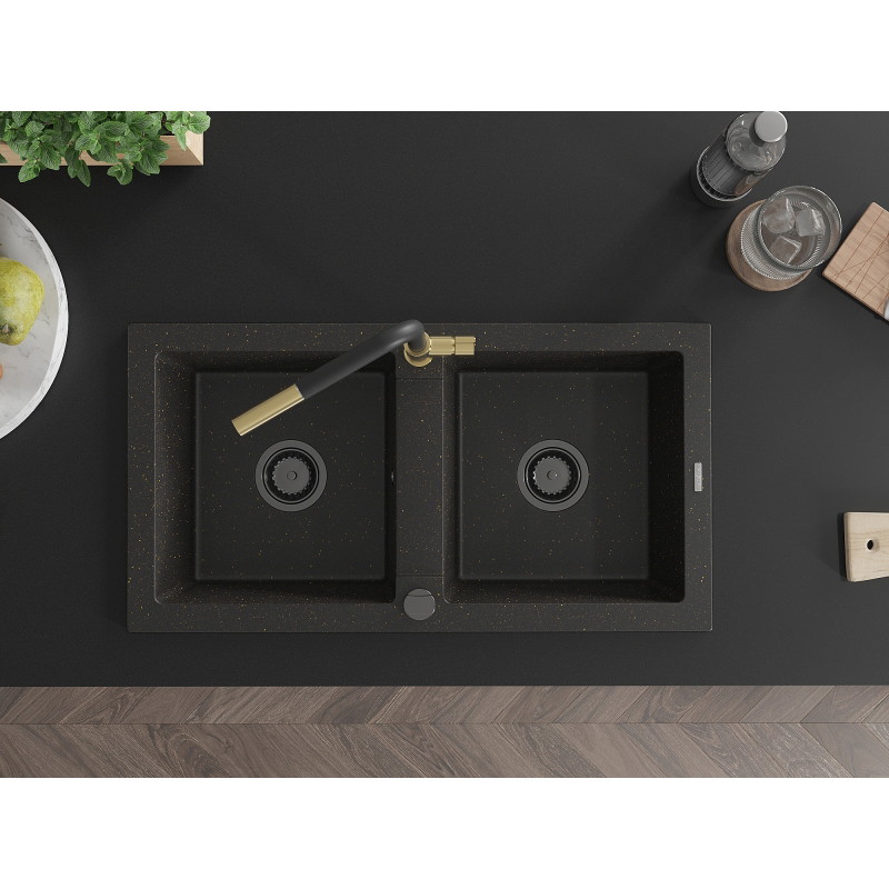 Mexen Mario Granitspüle 2-Kammer mit Küchenarmatur Flora, schwarz/gold metallic - 6504-75-670401-57-B