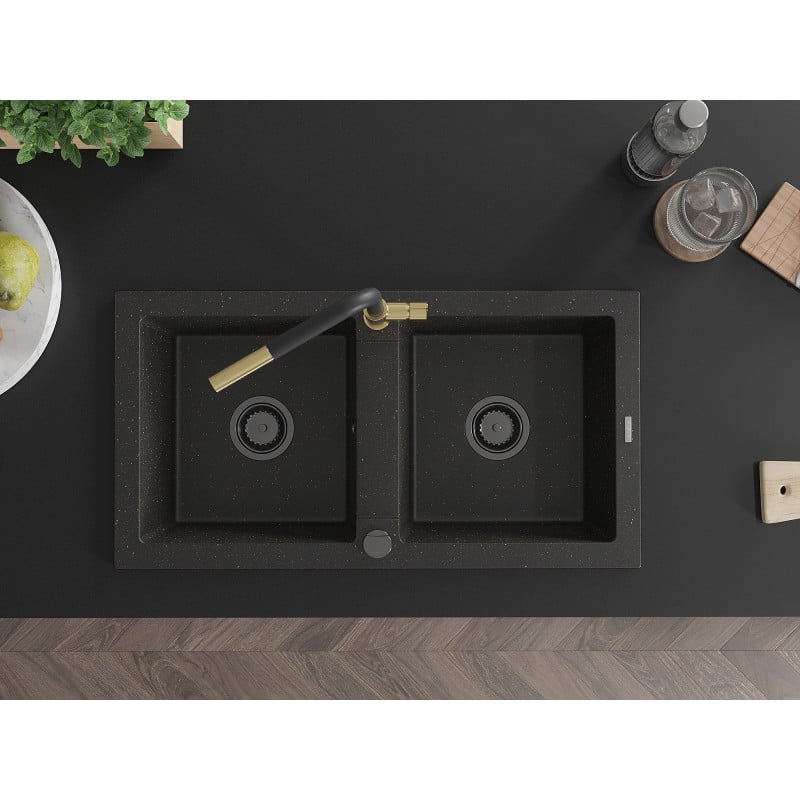 Mexen Mario Granitspüle 2-Kammern mit Küchenarmatur Flora, Schwarz/Gold Metallic - 6504-75-670401-57-B