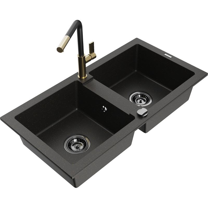 Mexen Mario granitspüle 2-becken mit Küchenarmatur Flora, schwarz/gold metallic - 6504-75-670401-57-B