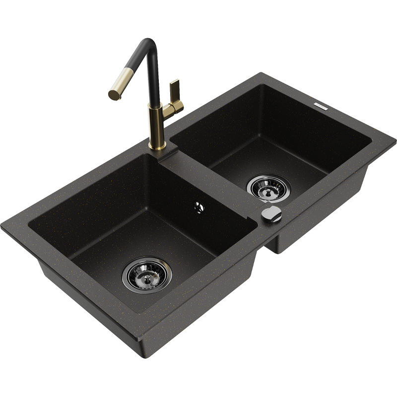 Mexen Mario Granitspüle 2-Kammern mit Küchenarmatur Flora, Schwarz/Gold Metallic - 6504-75-670401-57-B
