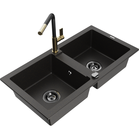 Mexen Mario granitspüle 2-becken mit Küchenarmatur Flora, schwarz/gold metallic - 6504-75-670401-57-B