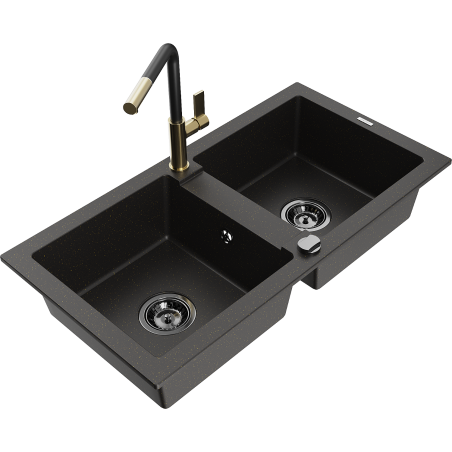 Mexen Mario Granitspüle 2-Kammern mit Küchenarmatur Flora, Schwarz/Gold Metallic - 6504-75-670401-57-B