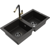 Mexen Mario Granitspüle 2-Kammer mit Küchenarmatur Flora, schwarz/gold metallic - 6504-75-670401-57-B