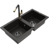 Mexen Mario Granitspüle 2-Kammern mit Küchenarmatur Flora, Schwarz/Gold Metallic - 6504-75-670401-57-B