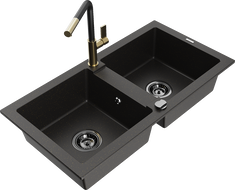 Mexen Mario Granitspüle 2-Kammern mit Küchenarmatur Flora, Schwarz/Gold Metallic - 6504-75-670401-57-B