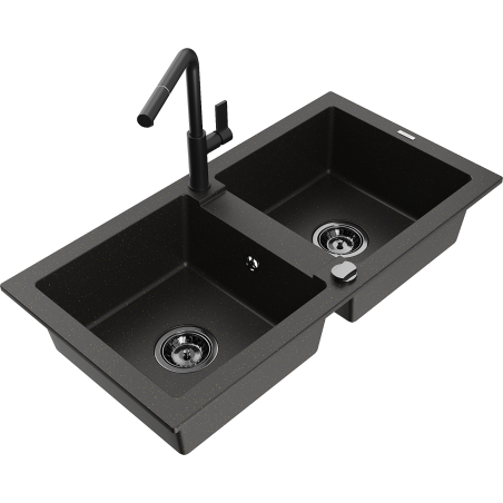 Mexen Mario Granitspüle 2-Kammer mit Küchenarmatur Flora, Schwarz/Gold Metallic - 6504-75-670401-70-B