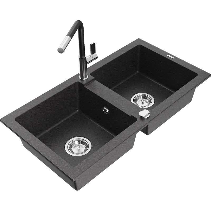 Mexen Mario Granitspüle 2-becken mit Küchenarmatur Flora, schwarz gesprenkelt - 6504-76-670401-07
