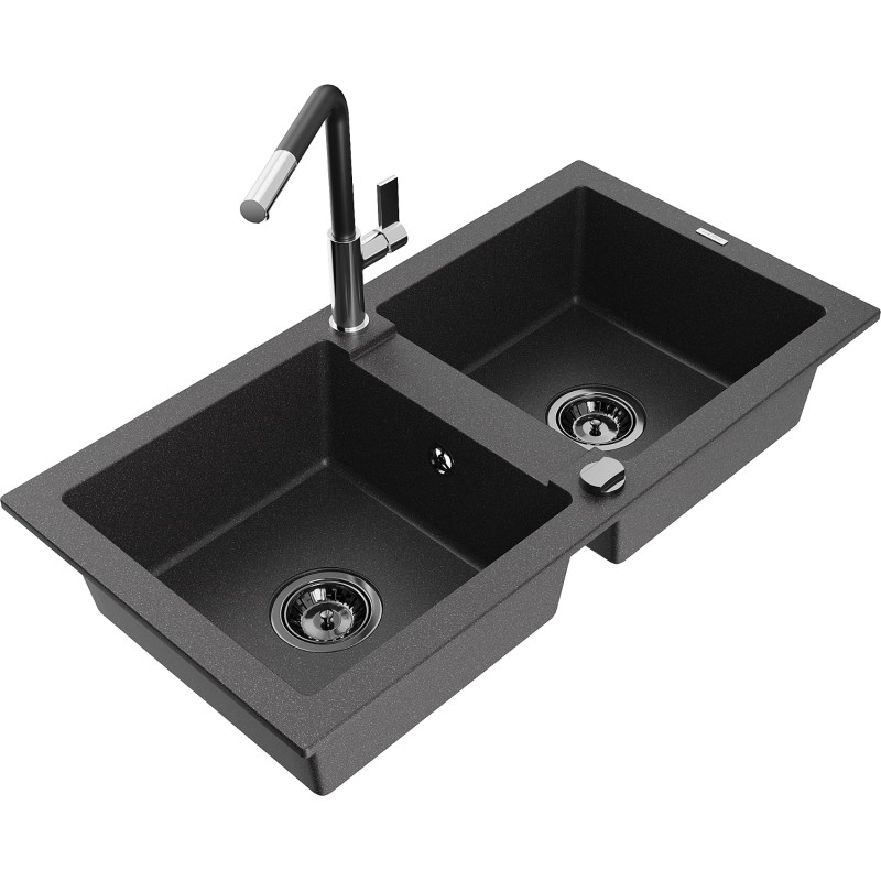 Mexen Mario Granit-Spüle 2-Kammer mit Küchenarmatur Flora, schwarz gesprenkelt - 6504-76-670401-07-B