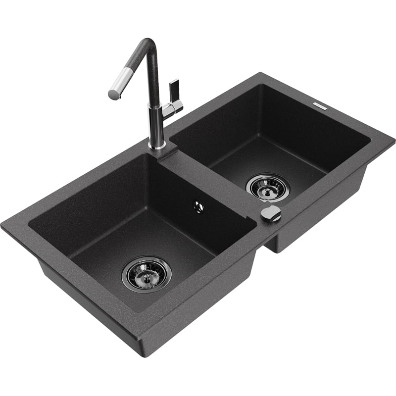 Mexen Mario 2-Kammer-Granitsapüle mit Küchenarmatur Flora, schwarz gesprenkelt - 6504-76-670401-08-B