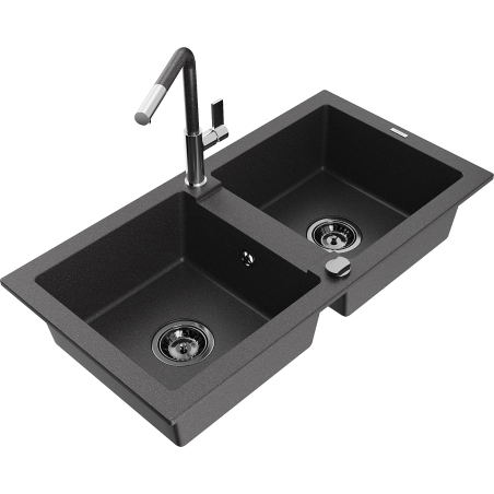 Mexen Mario 2-Kammer-Granitsapüle mit Küchenarmatur Flora, schwarz gesprenkelt - 6504-76-670401-08-B