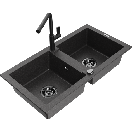 Mexen Mario 2-Kammer Granitspüle mit Küchenarmatur Flora, schwarz gesprenkelt - 6504-76-670401-70-B