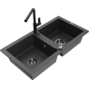 Mexen Mario 2-Kammer Granitspüle mit Küchenarmatur Flora, schwarz gesprenkelt - 6504-76-670401-70-B