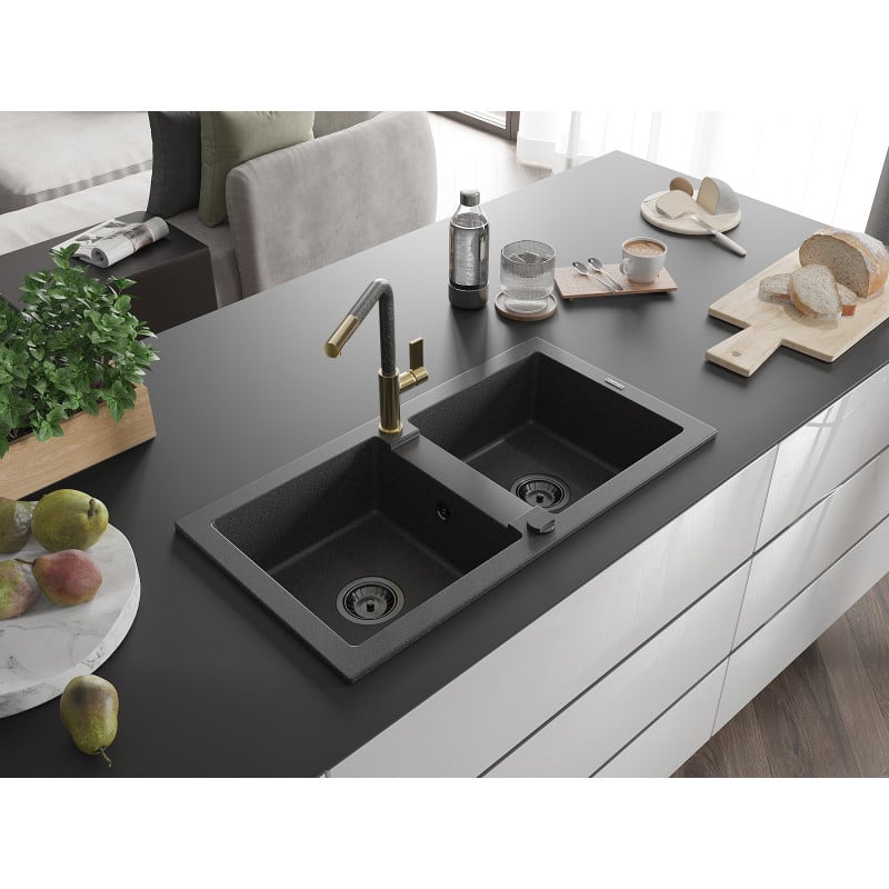 Mexen Mario Granit-Spüle 2-Kammer mit Küchenarmatur Flora, schwarz gesprenkelt - 6504-76-670401-75-B