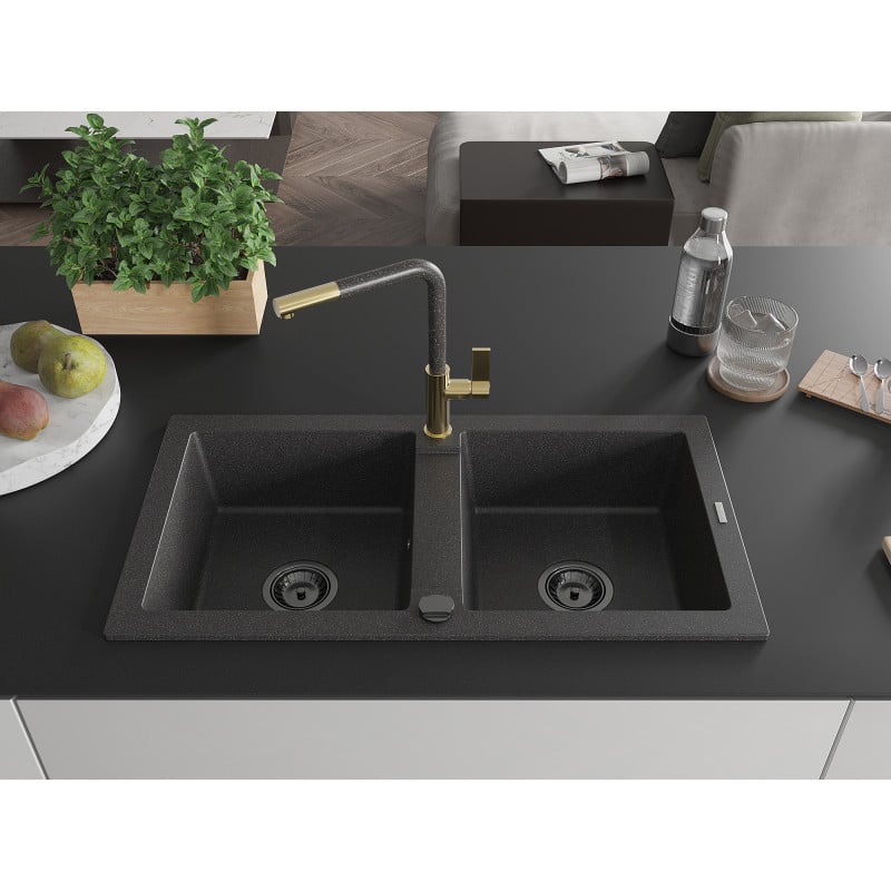 Mexen Mario Granit-Spüle 2-Kammer mit Küchenarmatur Flora, schwarz gesprenkelt - 6504-76-670401-75-B