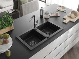Mexen Mario Granitspüle 2-Becken mit Küchenarmatur Flora, schwarz - 6504-77-670401-07-B