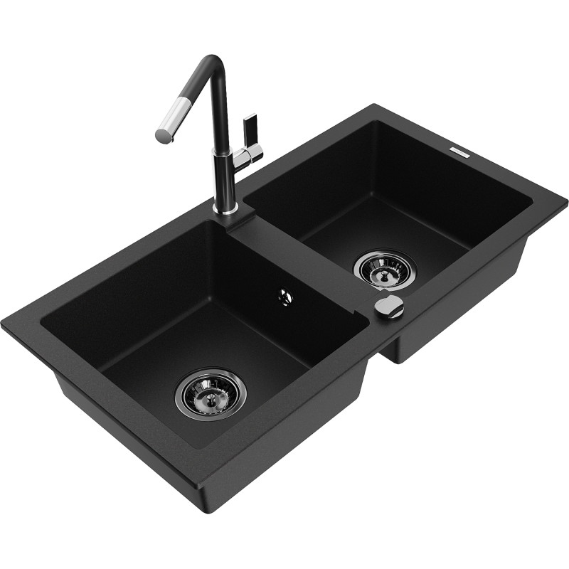 Mexen Mario Granitspüle 2-Kammer mit Küchenarmatur Flora, schwarz - 6504-77-670401-07-B