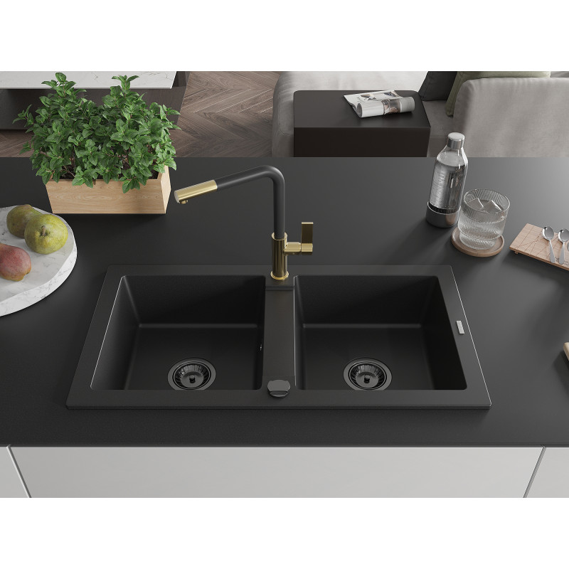 Mexen Mario Granitspüle 2-fach mit Küchenarmatur Flora, schwarz - 6504-77-670401-57-B