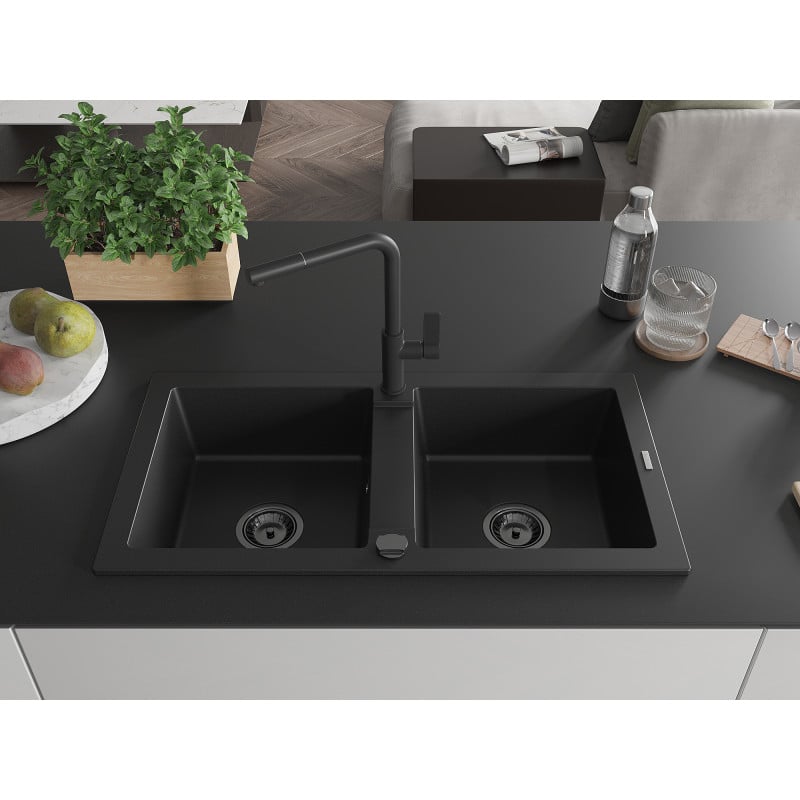 Mexen Mario Granitspüle 2-Kammer mit Küchenarmatur Flora, schwarz - 6504-77-670401-70-B
