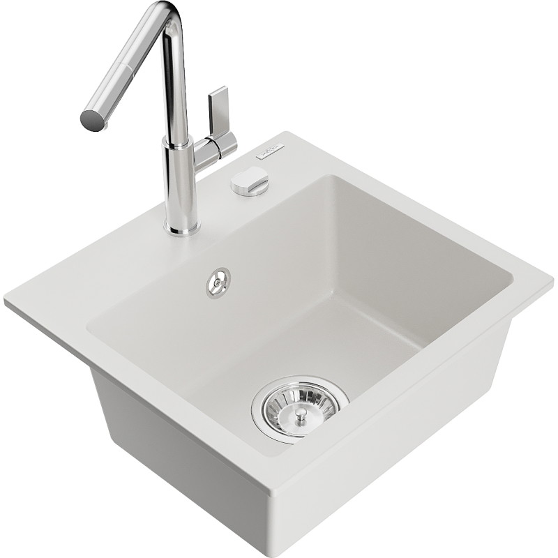 Mexen Milo Granit-Spüle 1-Becken mit Küchenarmatur Flora, weiß - 6505-20-670401-00