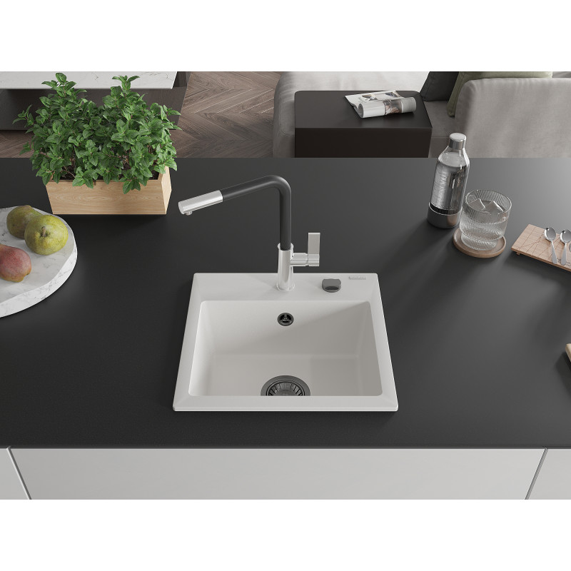 Mexen Milo Granitspüle 1-Becken mit Küchenarmatur Flora, Weiß - 6505-20-670401-07-B